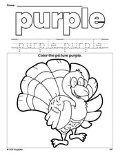 Free Thanksgiving turkey color purple coloring page and color worksheet, purple worksheet for preschoolers to learn colors, printable PDF