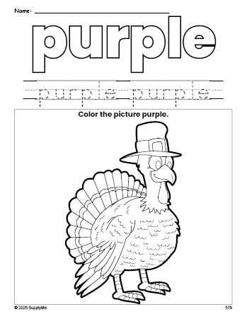 Free Thanksgiving turkey color purple coloring page and color worksheet, purple worksheet for preschoolers to learn colors, printable PDF