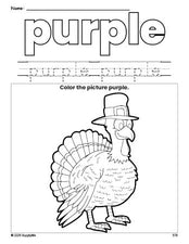 Free Thanksgiving turkey color purple coloring page and color worksheet, purple worksheet for preschoolers to learn colors, printable PDF