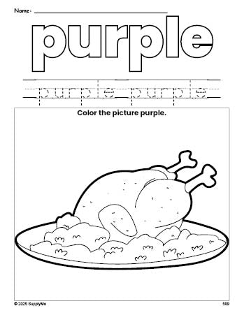 Free Thanksgiving turkey color purple coloring page and color worksheet, purple worksheet for preschoolers to learn colors, printable PDF