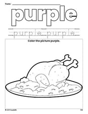 Free Thanksgiving turkey color purple coloring page and color worksheet, purple worksheet for preschoolers to learn colors, printable PDF