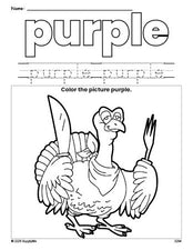 Free Thanksgiving turkey color purple coloring page and color worksheet, purple worksheet for preschoolers to learn colors, printable PDF