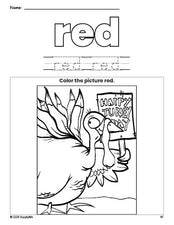 Free Thanksgiving turkey color red coloring page and color worksheet, red worksheet for preschoolers to learn colors, printable PDF