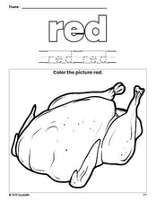 Free Thanksgiving turkey color red coloring page and color worksheet, red worksheet for preschoolers to learn colors, printable PDF