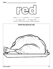 Free Thanksgiving turkey color red coloring page and color worksheet, red worksheet for preschoolers to learn colors, printable PDF