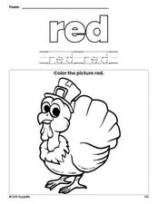 Free Thanksgiving turkey color red coloring page and color worksheet, red worksheet for preschoolers to learn colors, printable PDF