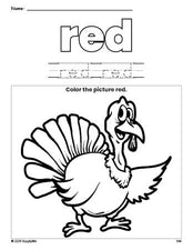 Free Thanksgiving turkey color red coloring page and color worksheet, red worksheet for preschoolers to learn colors, printable PDF