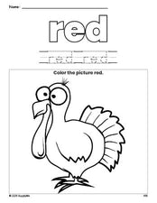 Free Thanksgiving turkey color red coloring page and color worksheet, red worksheet for preschoolers to learn colors, printable PDF