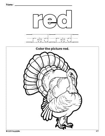 Free Thanksgiving turkey color red coloring page and color worksheet, red worksheet for preschoolers to learn colors, printable PDF