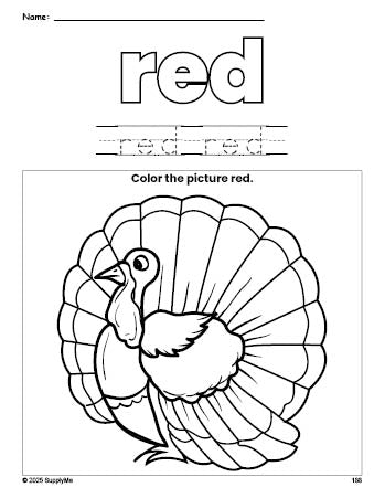 Free Thanksgiving turkey color red coloring page and color worksheet, red worksheet for preschoolers to learn colors, printable PDF