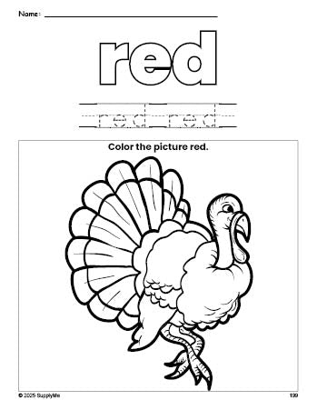 Free Thanksgiving turkey color red coloring page and color worksheet, red worksheet for preschoolers to learn colors, printable PDF