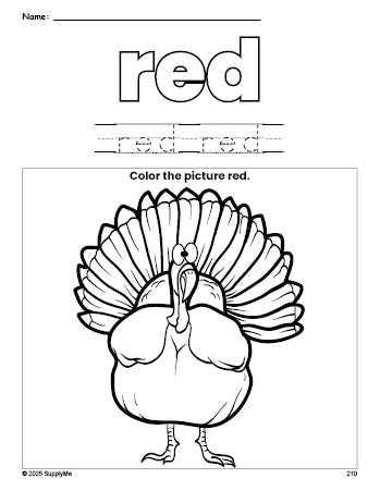 Free Thanksgiving turkey color red coloring page and color worksheet, red worksheet for preschoolers to learn colors, printable PDF