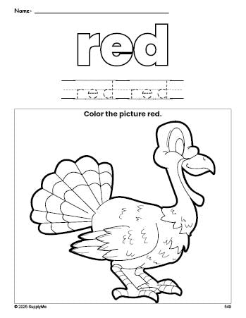 Free Thanksgiving turkey color red coloring page and color worksheet, red worksheet for preschoolers to learn colors, printable PDF