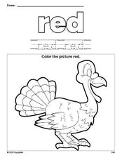 Free Thanksgiving turkey color red coloring page and color worksheet, red worksheet for preschoolers to learn colors, printable PDF