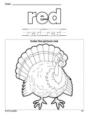 Free Thanksgiving turkey color red coloring page and color worksheet, red worksheet for preschoolers to learn colors, printable PDF