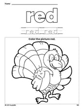 Free Thanksgiving turkey color red coloring page and color worksheet, red worksheet for preschoolers to learn colors, printable PDF