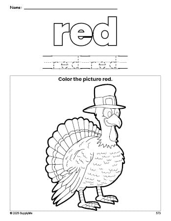 Free Thanksgiving turkey color red coloring page and color worksheet, red worksheet for preschoolers to learn colors, printable PDF