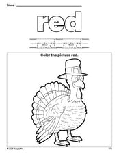 Free Thanksgiving turkey color red coloring page and color worksheet, red worksheet for preschoolers to learn colors, printable PDF