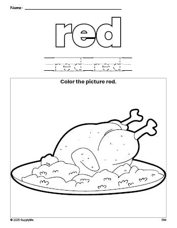 Free Thanksgiving turkey color red coloring page and color worksheet, red worksheet for preschoolers to learn colors, printable PDF