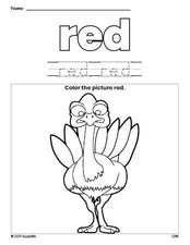 Free Thanksgiving turkey color red coloring page and color worksheet, red worksheet for preschoolers to learn colors, printable PDF