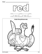 Free Thanksgiving turkey color red coloring page and color worksheet, red worksheet for preschoolers to learn colors, printable PDF