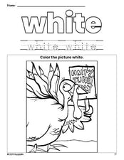 Free Thanksgiving turkey color white coloring page and color worksheet, white worksheet for preschoolers to learn colors, printable PDF