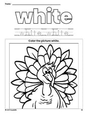 Free Thanksgiving turkey color white coloring page and color worksheet, white worksheet for preschoolers to learn colors, printable PDF