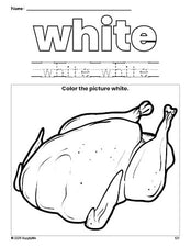 Free Thanksgiving turkey color white coloring page and color worksheet, white worksheet for preschoolers to learn colors, printable PDF