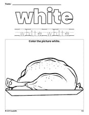 Free Thanksgiving turkey color white coloring page and color worksheet, white worksheet for preschoolers to learn colors, printable PDF