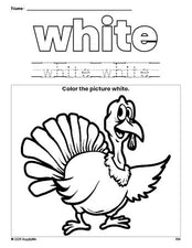 Free Thanksgiving turkey color white coloring page and color worksheet, white worksheet for preschoolers to learn colors, printable PDF