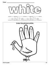 Free Thanksgiving turkey color white coloring page and color worksheet, white worksheet for preschoolers to learn colors, printable PDF