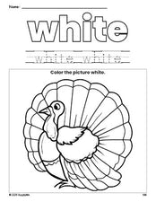 Free Thanksgiving turkey color white coloring page and color worksheet, white worksheet for preschoolers to learn colors, printable PDF