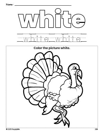 Free Thanksgiving turkey color white coloring page and color worksheet, white worksheet for preschoolers to learn colors, printable PDF