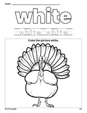 Free Thanksgiving turkey color white coloring page and color worksheet, white worksheet for preschoolers to learn colors, printable PDF