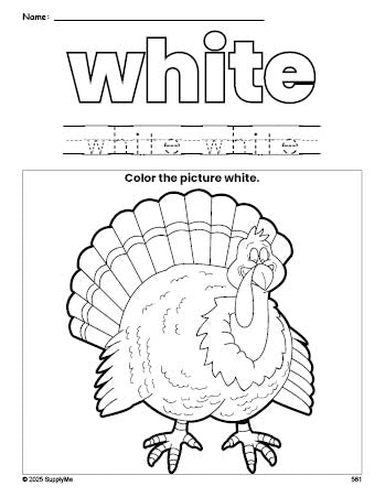 Free Thanksgiving turkey color white coloring page and color worksheet, white worksheet for preschoolers to learn colors, printable PDF