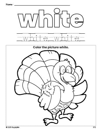 Free Thanksgiving turkey color white coloring page and color worksheet, white worksheet for preschoolers to learn colors, printable PDF