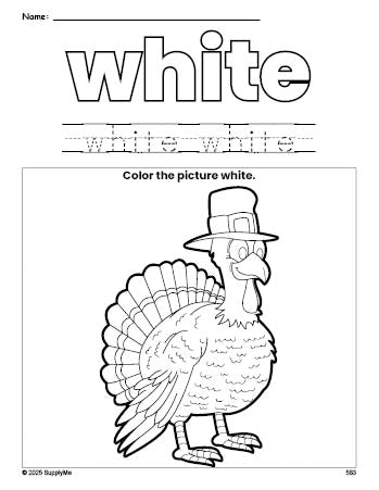 Free Thanksgiving turkey color white coloring page and color worksheet, white worksheet for preschoolers to learn colors, printable PDF