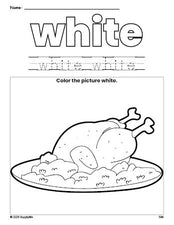 Free Thanksgiving turkey color white coloring page and color worksheet, white worksheet for preschoolers to learn colors, printable PDF