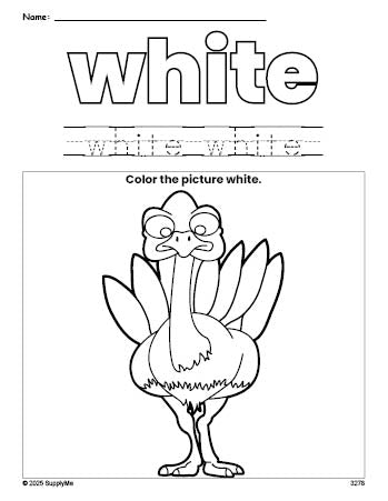 Free Thanksgiving turkey color white coloring page and color worksheet, white worksheet for preschoolers to learn colors, printable PDF