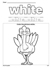 Free Thanksgiving turkey color white coloring page and color worksheet, white worksheet for preschoolers to learn colors, printable PDF