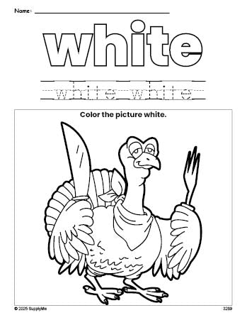 Free Thanksgiving turkey color white coloring page and color worksheet, white worksheet for preschoolers to learn colors, printable PDF