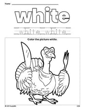 Free Thanksgiving turkey color white coloring page and color worksheet, white worksheet for preschoolers to learn colors, printable PDF