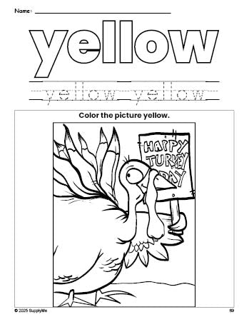 Free Thanksgiving turkey color yellow coloring page and color worksheet, yellow worksheet for preschoolers to learn colors, printable PDF