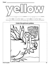 Free Thanksgiving turkey color yellow coloring page and color worksheet, yellow worksheet for preschoolers to learn colors, printable PDF