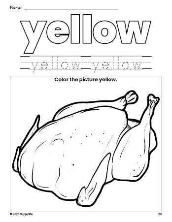 Free Thanksgiving turkey color yellow coloring page and color worksheet, yellow worksheet for preschoolers to learn colors, printable PDF