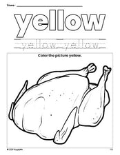 Free Thanksgiving turkey color yellow coloring page and color worksheet, yellow worksheet for preschoolers to learn colors, printable PDF