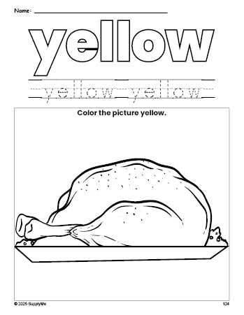 Free Thanksgiving turkey color yellow coloring page and color worksheet, yellow worksheet for preschoolers to learn colors, printable PDF