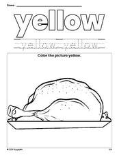 Free Thanksgiving turkey color yellow coloring page and color worksheet, yellow worksheet for preschoolers to learn colors, printable PDF