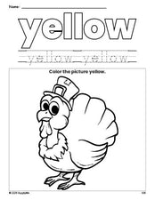 Free Thanksgiving turkey color yellow coloring page and color worksheet, yellow worksheet for preschoolers to learn colors, printable PDF