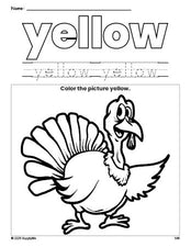 Free Thanksgiving turkey color yellow coloring page and color worksheet, yellow worksheet for preschoolers to learn colors, printable PDF